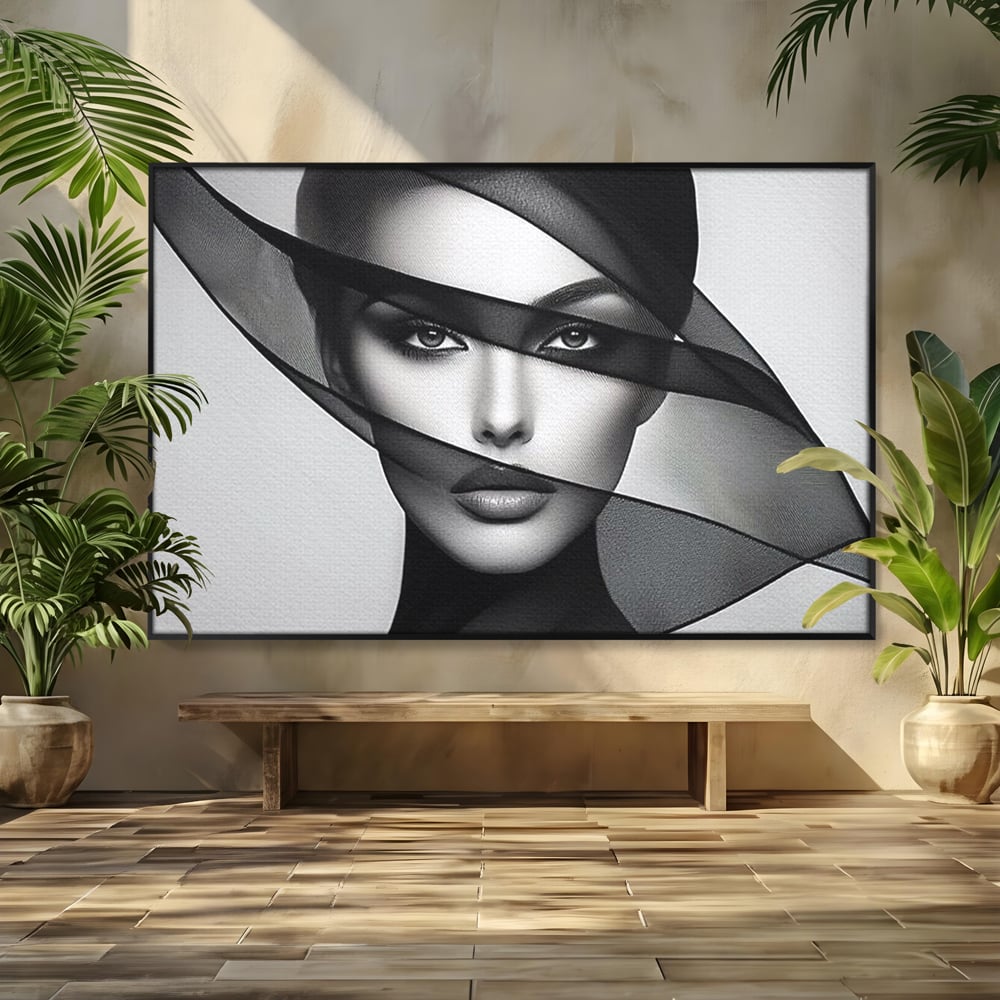 Tablou Canvas Premium, LuxCanva® P1042, Voalul Care Dezvaluie, Voal, Negru, Privire, Ascuns, Feminitate, Minimalism, Tacere, Gratie, Intunecat, Dorinta, Frumusete, Living, Dormitor