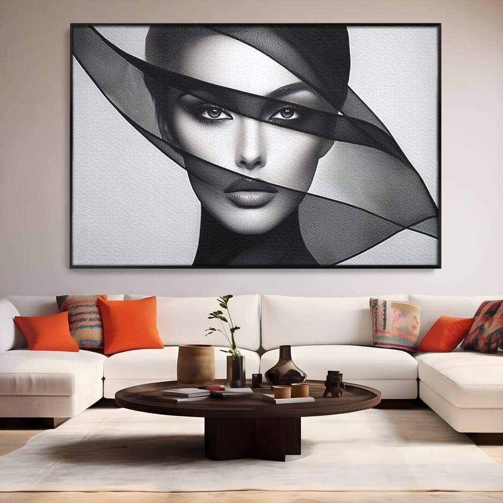 Tablou Canvas Premium, LuxCanva® P1042, Voalul Care Dezvaluie, Voal, Negru, Privire, Ascuns, Feminitate, Minimalism, Tacere, Gratie, Intunecat, Dorinta, Frumusete, Living, Dormitor