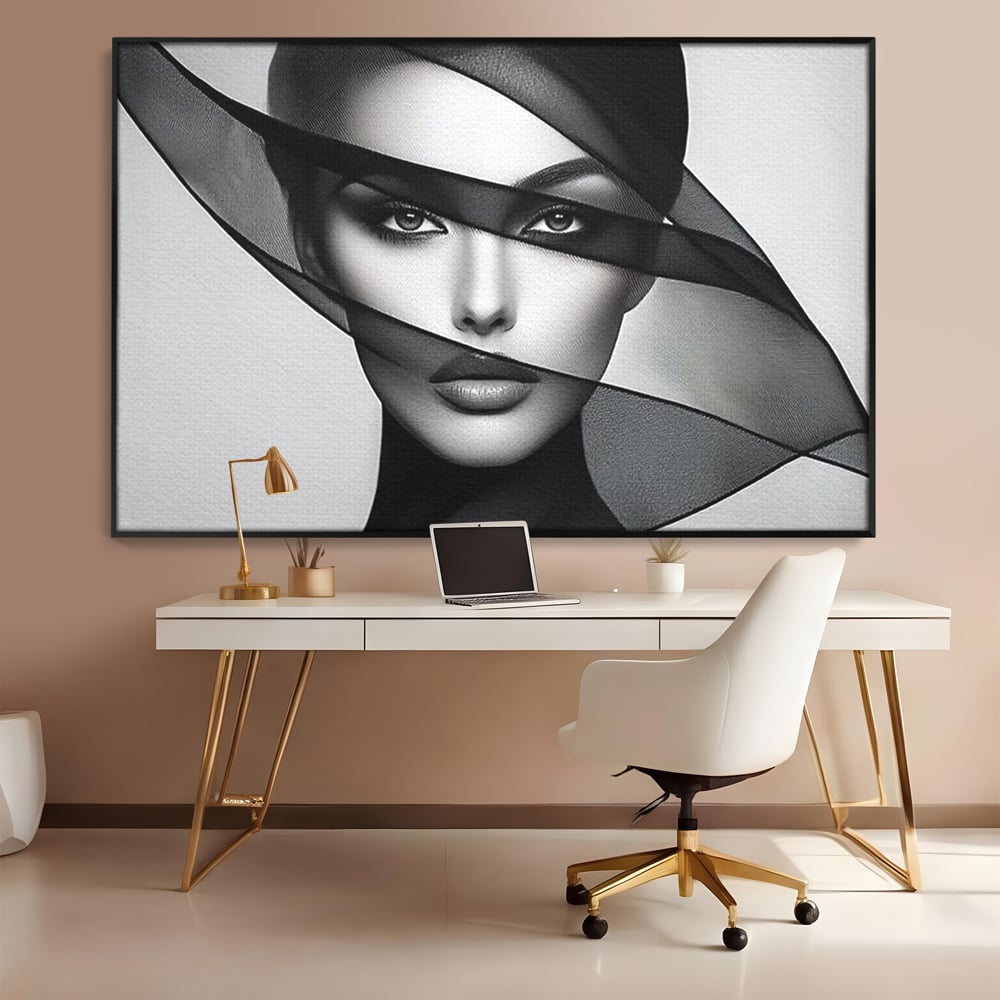 Tablou Canvas Premium, LuxCanva® P1042, Voalul Care Dezvaluie, Voal, Negru, Privire, Ascuns, Feminitate, Minimalism, Tacere, Gratie, Intunecat, Dorinta, Frumusete, Living, Dormitor