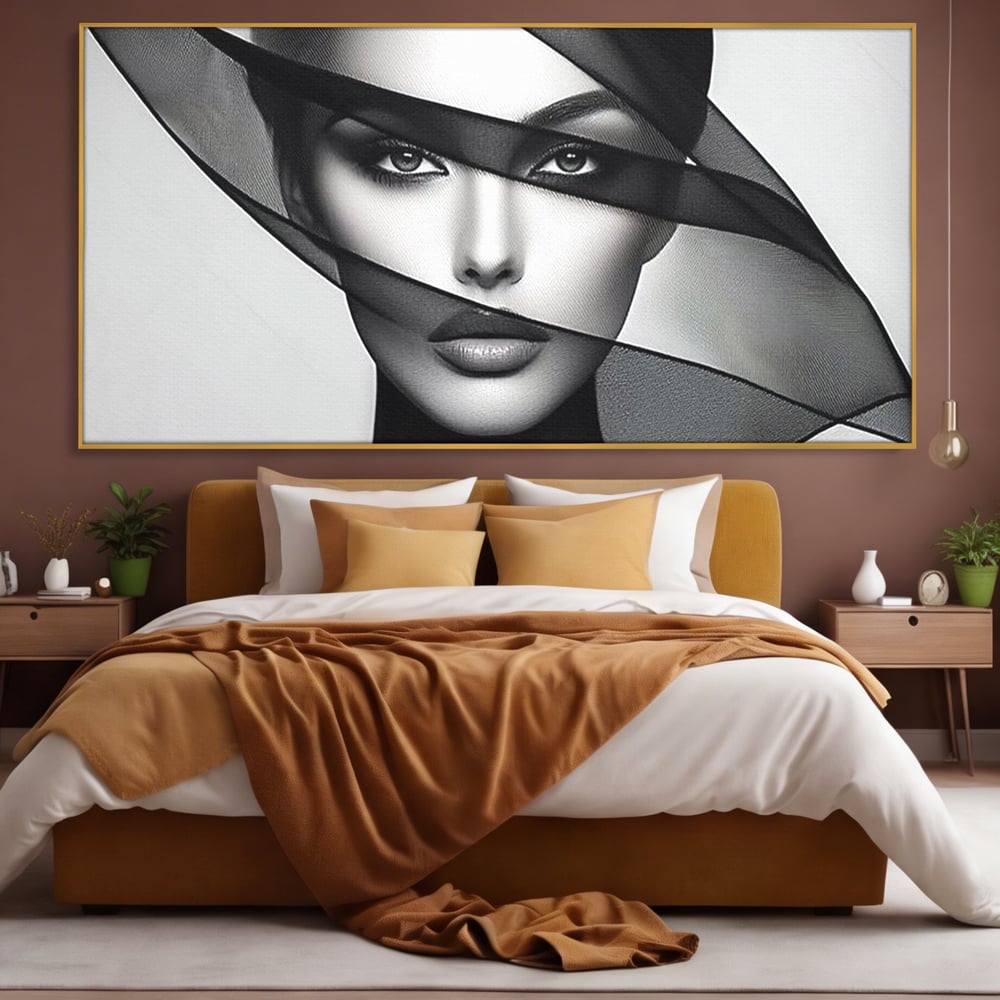 Tablou Canvas Premium, LuxCanva® P1042, Voalul Care Dezvaluie, Voal, Negru, Privire, Ascuns, Feminitate, Minimalism, Tacere, Gratie, Intunecat, Dorinta, Frumusete, Living, Dormitor