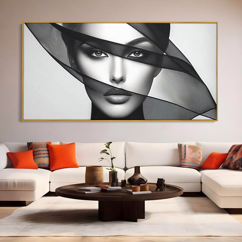 Tablou Canvas Premium, LuxCanva® P1042, Voalul Care Dezvaluie, Voal, Negru, Privire, Ascuns, Feminitate, Minimalism, Tacere, Gratie, Intunecat, Dorinta, Frumusete, Living, Dormitor