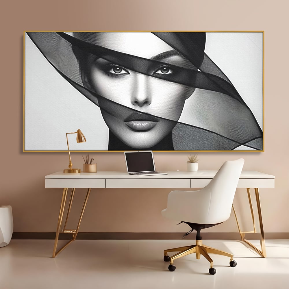 Tablou Canvas Premium, LuxCanva® P1042, Voalul Care Dezvaluie, Voal, Negru, Privire, Ascuns, Feminitate, Minimalism, Tacere, Gratie, Intunecat, Dorinta, Frumusete, Living, Dormitor