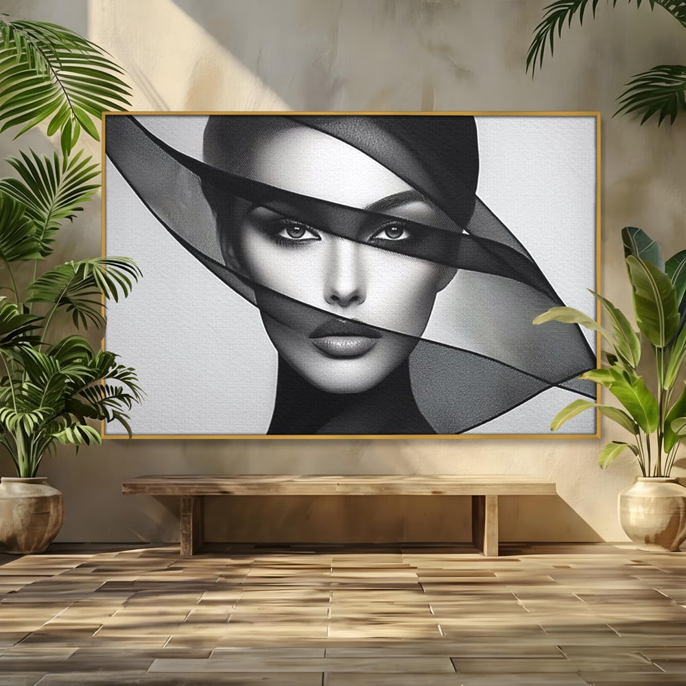 Tablou Canvas Premium, LuxCanva® P1042, Voalul Care Dezvaluie, Voal, Negru, Privire, Ascuns, Feminitate, Minimalism, Tacere, Gratie, Intunecat, Dorinta, Frumusete, Living, Dormitor