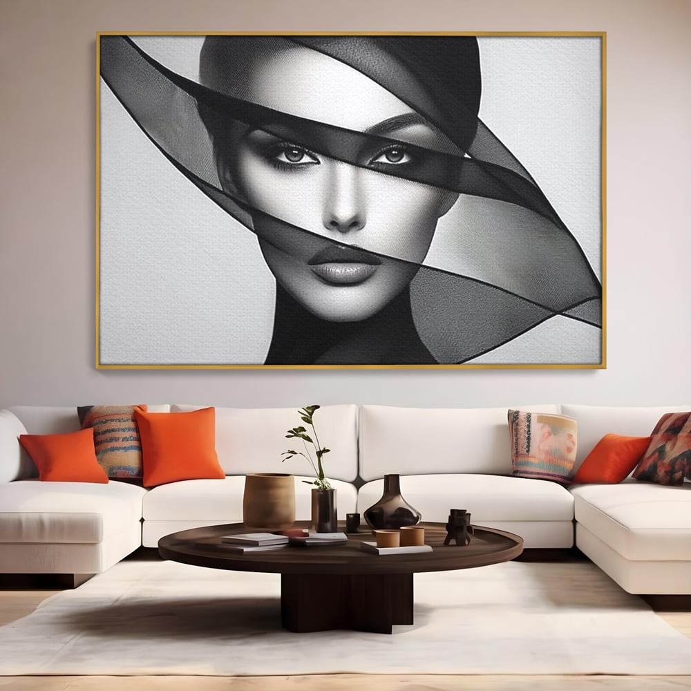 Tablou Canvas Premium, LuxCanva® P1042, Voalul Care Dezvaluie, Voal, Negru, Privire, Ascuns, Feminitate, Minimalism, Tacere, Gratie, Intunecat, Dorinta, Frumusete, Living, Dormitor