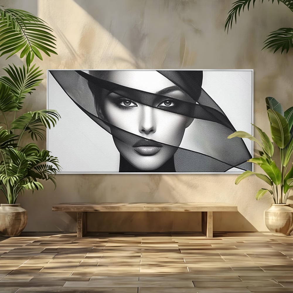 Tablou Canvas Premium, LuxCanva® P1042, Voalul Care Dezvaluie, Voal, Negru, Privire, Ascuns, Feminitate, Minimalism, Tacere, Gratie, Intunecat, Dorinta, Frumusete, Living, Dormitor