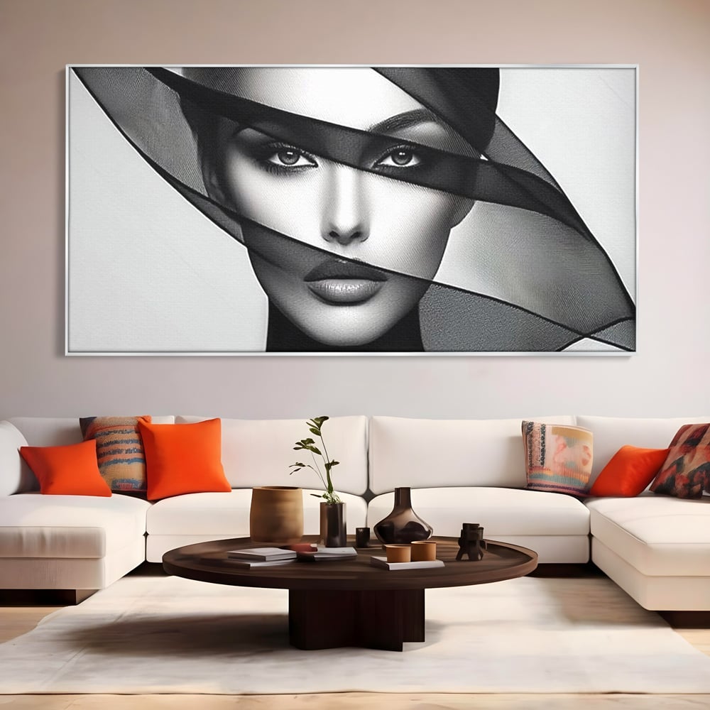 Tablou Canvas Premium, LuxCanva® P1042, Voalul Care Dezvaluie, Voal, Negru, Privire, Ascuns, Feminitate, Minimalism, Tacere, Gratie, Intunecat, Dorinta, Frumusete, Living, Dormitor
