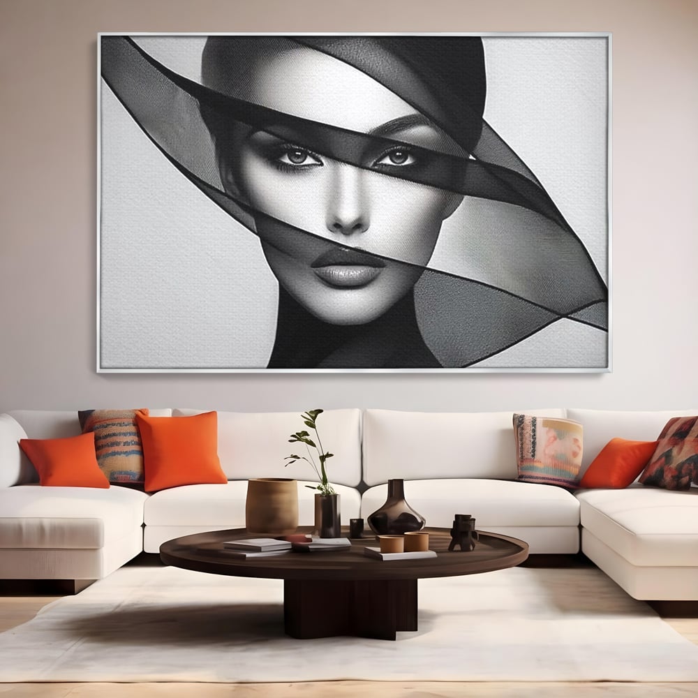 Tablou Canvas Premium, LuxCanva® P1042, Voalul Care Dezvaluie, Voal, Negru, Privire, Ascuns, Feminitate, Minimalism, Tacere, Gratie, Intunecat, Dorinta, Frumusete, Living, Dormitor