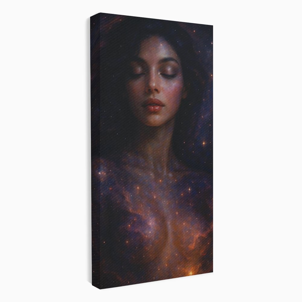 Leinwand Leinwand Wandkunst Premium, LuxCanva® P1043, In den Armen des Universums, Galaxie, Universum, Sterne, Glühen, Kosmisch, Stille, Geburt, Gelassenheit, Meditation, Frau, Ätherisch, Wohnen, Schlafzimmer
