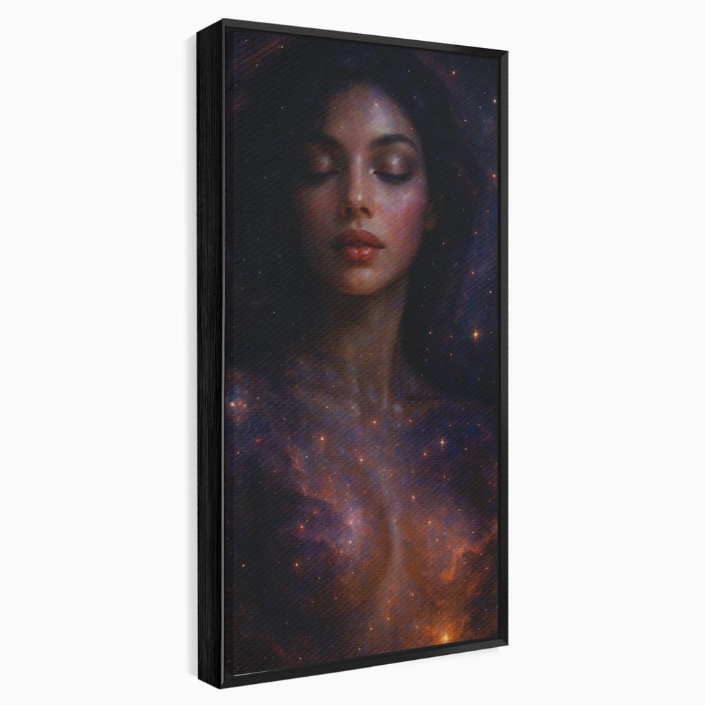 Leinwand Leinwand Wandkunst Premium, LuxCanva® P1043, In den Armen des Universums, Galaxie, Universum, Sterne, Glühen, Kosmisch, Stille, Geburt, Gelassenheit, Meditation, Frau, Ätherisch, Wohnen, Schlafzimmer