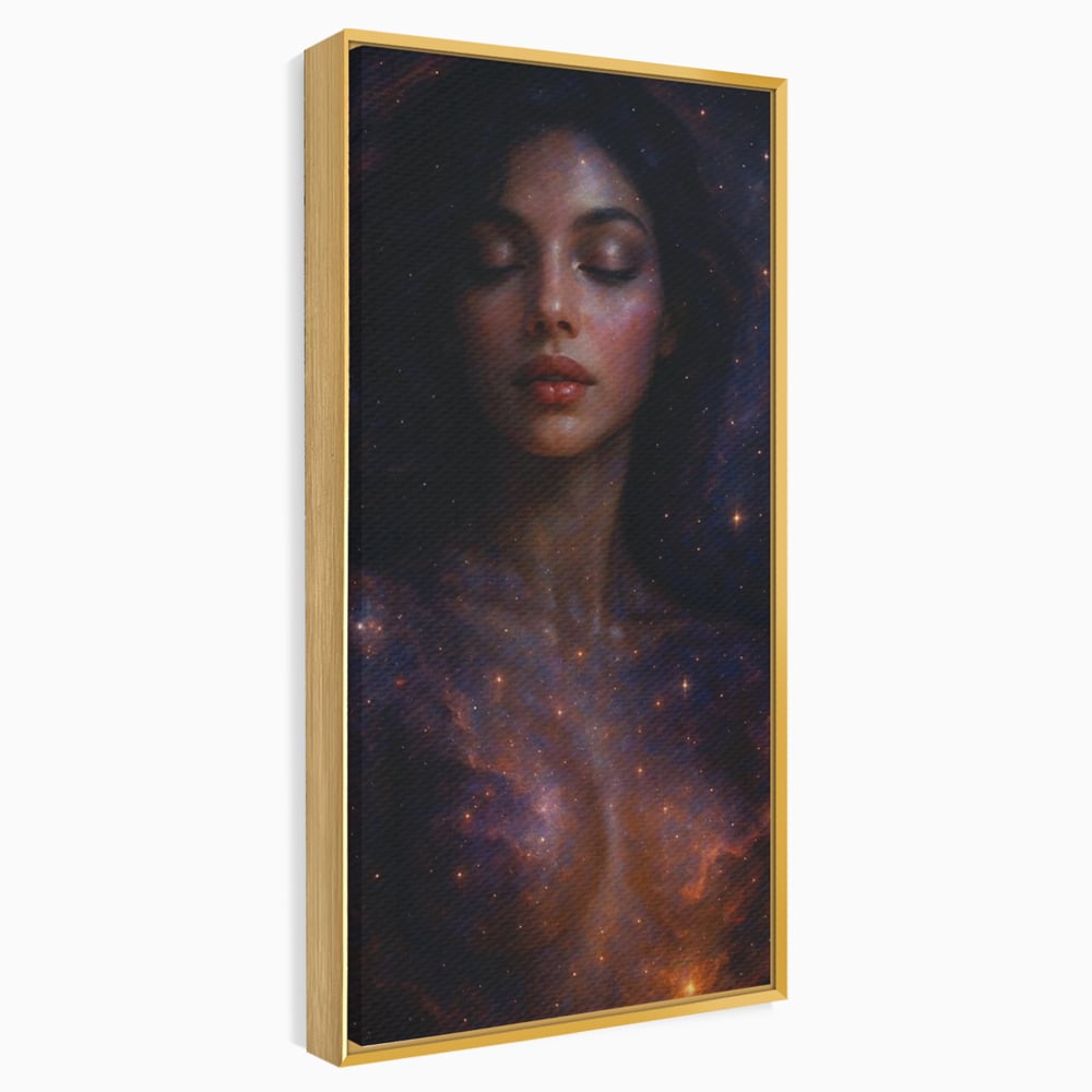Leinwand Leinwand Wandkunst Premium, LuxCanva® P1043, In den Armen des Universums, Galaxie, Universum, Sterne, Glühen, Kosmisch, Stille, Geburt, Gelassenheit, Meditation, Frau, Ätherisch, Wohnen, Schlafzimmer