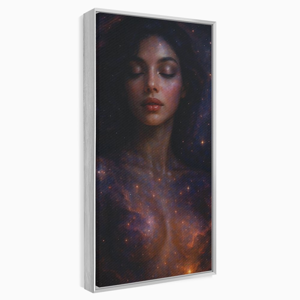 Leinwand Leinwand Wandkunst Premium, LuxCanva® P1043, In den Armen des Universums, Galaxie, Universum, Sterne, Glühen, Kosmisch, Stille, Geburt, Gelassenheit, Meditation, Frau, Ätherisch, Wohnen, Schlafzimmer