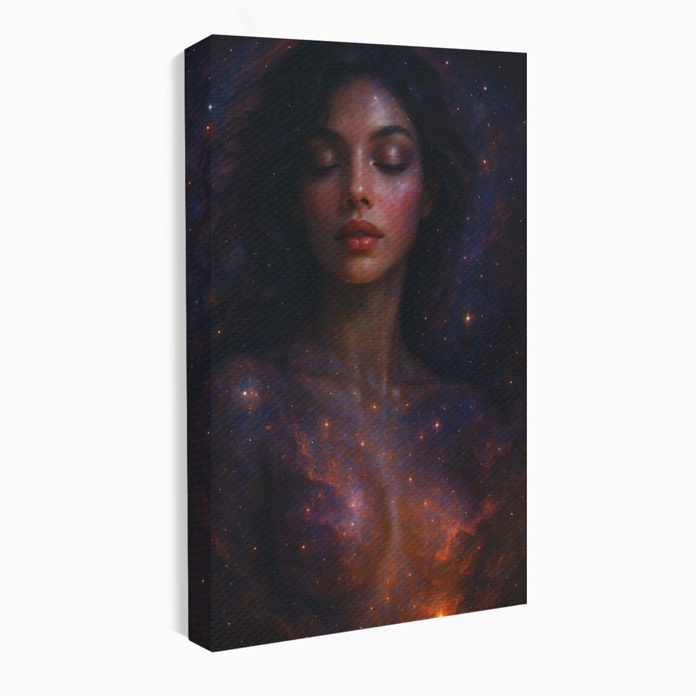 Leinwand Leinwand Wandkunst Premium, LuxCanva® P1043, In den Armen des Universums, Galaxie, Universum, Sterne, Glühen, Kosmisch, Stille, Geburt, Gelassenheit, Meditation, Frau, Ätherisch, Wohnen, Schlafzimmer