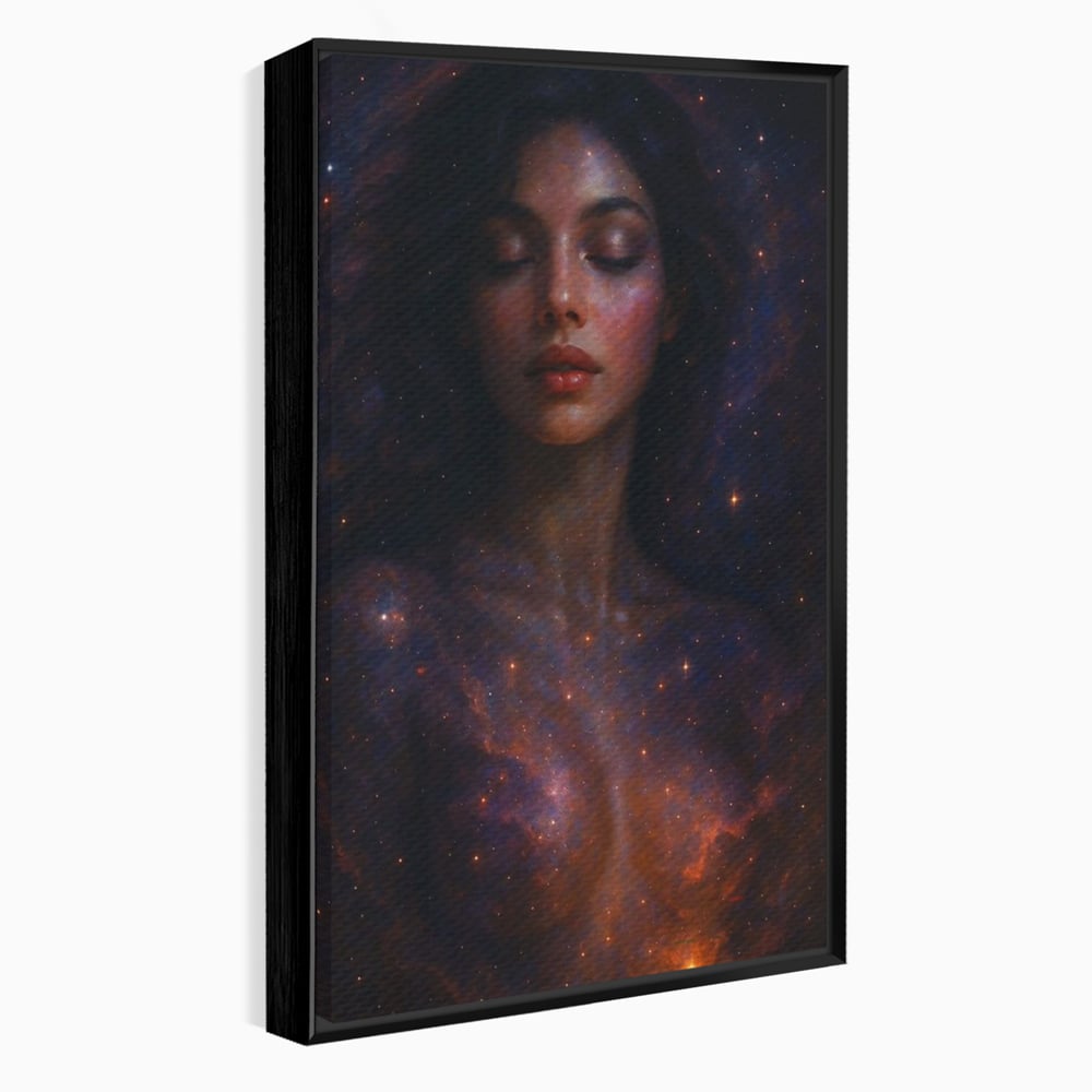 Leinwand Leinwand Wandkunst Premium, LuxCanva® P1043, In den Armen des Universums, Galaxie, Universum, Sterne, Glühen, Kosmisch, Stille, Geburt, Gelassenheit, Meditation, Frau, Ätherisch, Wohnen, Schlafzimmer