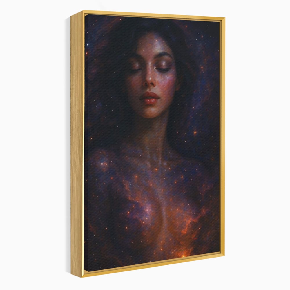 Leinwand Leinwand Wandkunst Premium, LuxCanva® P1043, In den Armen des Universums, Galaxie, Universum, Sterne, Glühen, Kosmisch, Stille, Geburt, Gelassenheit, Meditation, Frau, Ätherisch, Wohnen, Schlafzimmer
