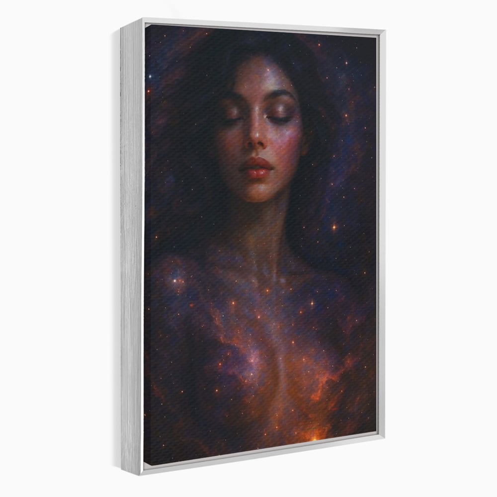 Leinwand Leinwand Wandkunst Premium, LuxCanva® P1043, In den Armen des Universums, Galaxie, Universum, Sterne, Glühen, Kosmisch, Stille, Geburt, Gelassenheit, Meditation, Frau, Ätherisch, Wohnen, Schlafzimmer