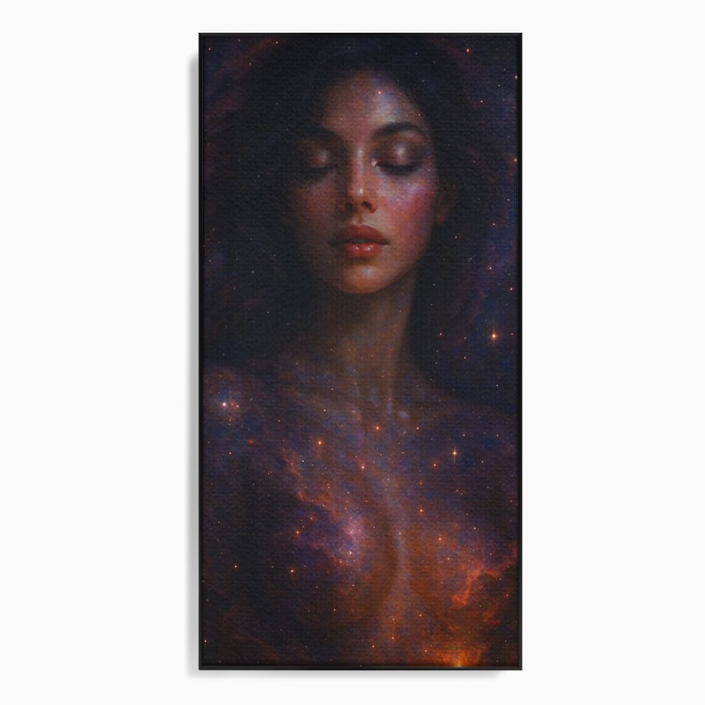 Leinwand Leinwand Wandkunst Premium, LuxCanva® P1043, In den Armen des Universums, Galaxie, Universum, Sterne, Glühen, Kosmisch, Stille, Geburt, Gelassenheit, Meditation, Frau, Ätherisch, Wohnen, Schlafzimmer