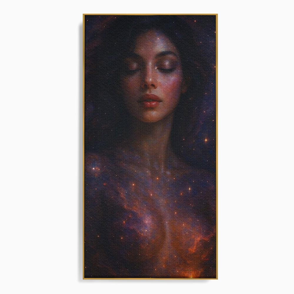 Leinwand Leinwand Wandkunst Premium, LuxCanva® P1043, In den Armen des Universums, Galaxie, Universum, Sterne, Glühen, Kosmisch, Stille, Geburt, Gelassenheit, Meditation, Frau, Ätherisch, Wohnen, Schlafzimmer