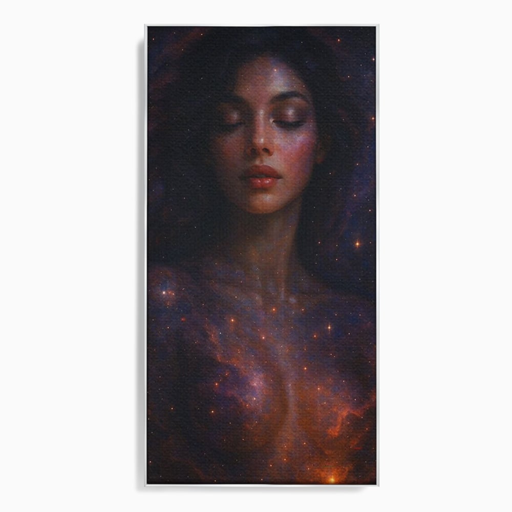 Leinwand Leinwand Wandkunst Premium, LuxCanva® P1043, In den Armen des Universums, Galaxie, Universum, Sterne, Glühen, Kosmisch, Stille, Geburt, Gelassenheit, Meditation, Frau, Ätherisch, Wohnen, Schlafzimmer