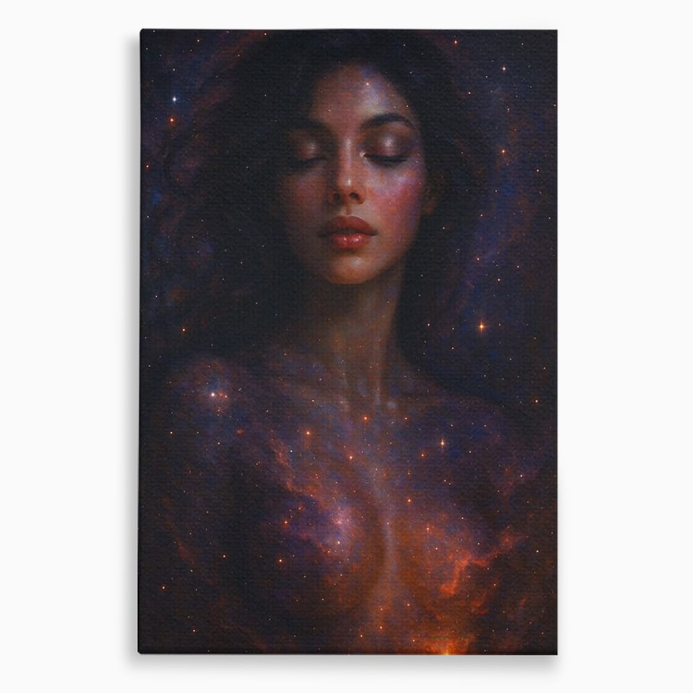 Leinwand Leinwand Wandkunst Premium, LuxCanva® P1043, In den Armen des Universums, Galaxie, Universum, Sterne, Glühen, Kosmisch, Stille, Geburt, Gelassenheit, Meditation, Frau, Ätherisch, Wohnen, Schlafzimmer
