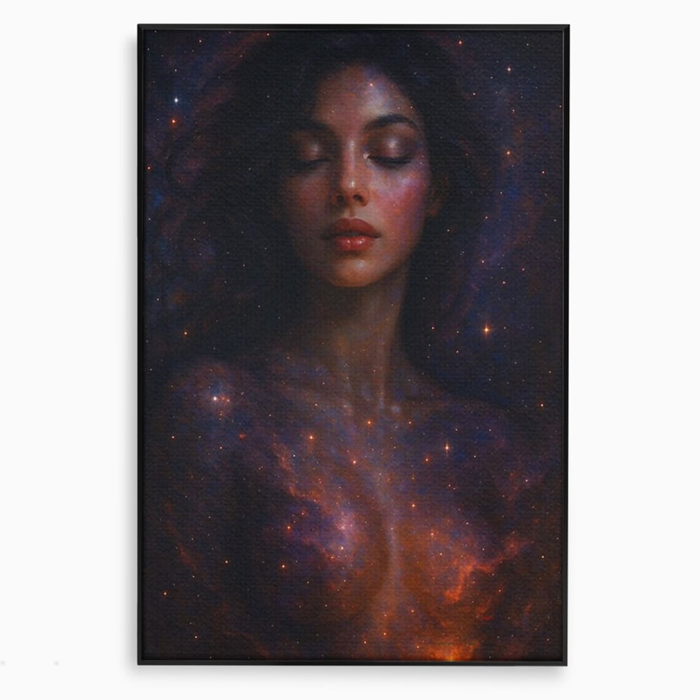 Leinwand Leinwand Wandkunst Premium, LuxCanva® P1043, In den Armen des Universums, Galaxie, Universum, Sterne, Glühen, Kosmisch, Stille, Geburt, Gelassenheit, Meditation, Frau, Ätherisch, Wohnen, Schlafzimmer