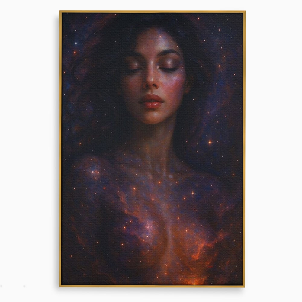 Leinwand Leinwand Wandkunst Premium, LuxCanva® P1043, In den Armen des Universums, Galaxie, Universum, Sterne, Glühen, Kosmisch, Stille, Geburt, Gelassenheit, Meditation, Frau, Ätherisch, Wohnen, Schlafzimmer