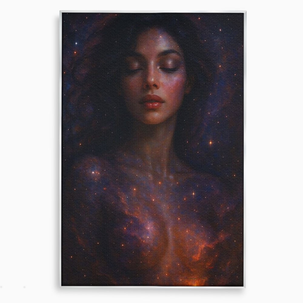 Leinwand Leinwand Wandkunst Premium, LuxCanva® P1043, In den Armen des Universums, Galaxie, Universum, Sterne, Glühen, Kosmisch, Stille, Geburt, Gelassenheit, Meditation, Frau, Ätherisch, Wohnen, Schlafzimmer