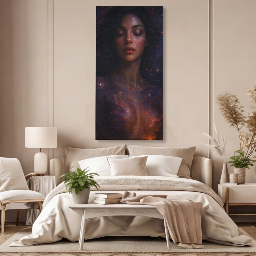 Leinwand Leinwand Wandkunst Premium, LuxCanva® P1043, In den Armen des Universums, Galaxie, Universum, Sterne, Glühen, Kosmisch, Stille, Geburt, Gelassenheit, Meditation, Frau, Ätherisch, Wohnen, Schlafzimmer