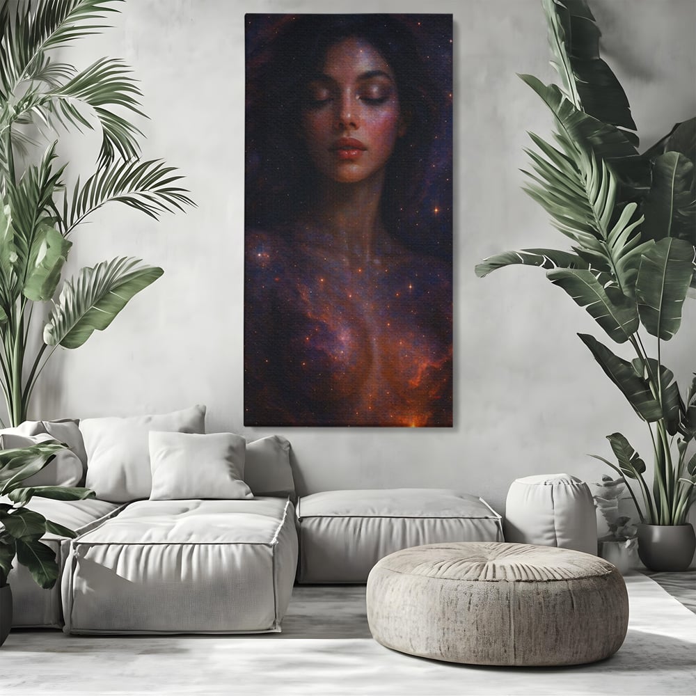 Leinwand Leinwand Wandkunst Premium, LuxCanva® P1043, In den Armen des Universums, Galaxie, Universum, Sterne, Glühen, Kosmisch, Stille, Geburt, Gelassenheit, Meditation, Frau, Ätherisch, Wohnen, Schlafzimmer