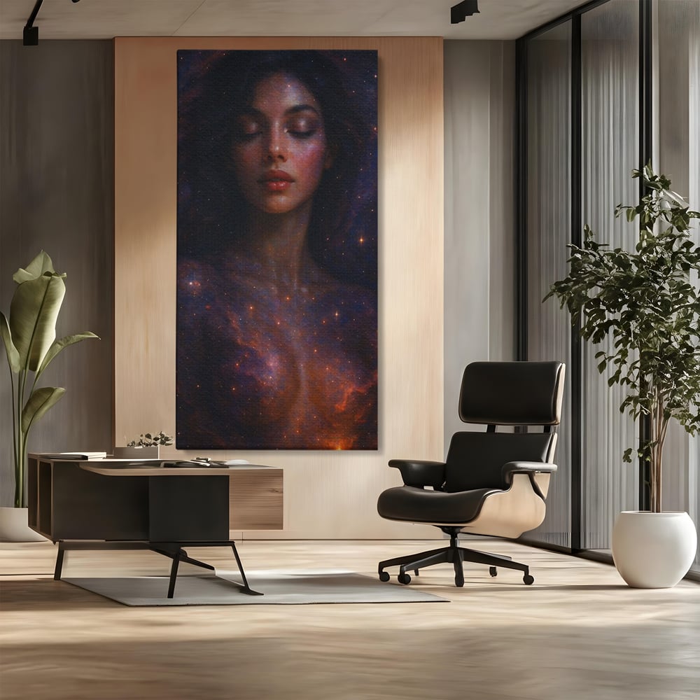 Leinwand Leinwand Wandkunst Premium, LuxCanva® P1043, In den Armen des Universums, Galaxie, Universum, Sterne, Glühen, Kosmisch, Stille, Geburt, Gelassenheit, Meditation, Frau, Ätherisch, Wohnen, Schlafzimmer