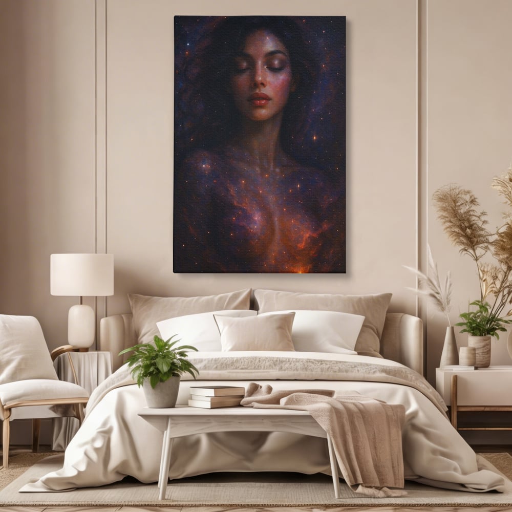 Leinwand Leinwand Wandkunst Premium, LuxCanva® P1043, In den Armen des Universums, Galaxie, Universum, Sterne, Glühen, Kosmisch, Stille, Geburt, Gelassenheit, Meditation, Frau, Ätherisch, Wohnen, Schlafzimmer