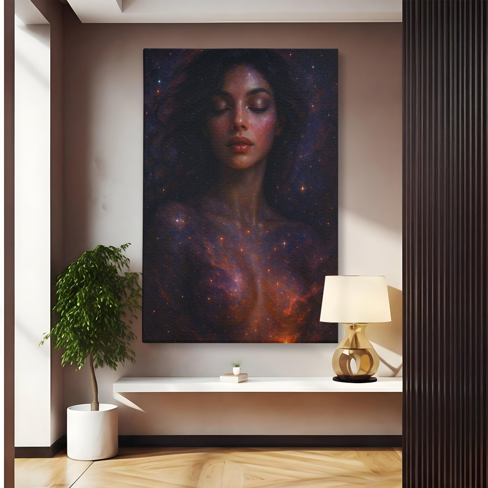 Leinwand Leinwand Wandkunst Premium, LuxCanva® P1043, In den Armen des Universums, Galaxie, Universum, Sterne, Glühen, Kosmisch, Stille, Geburt, Gelassenheit, Meditation, Frau, Ätherisch, Wohnen, Schlafzimmer