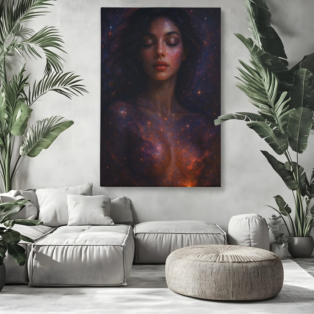 Leinwand Leinwand Wandkunst Premium, LuxCanva® P1043, In den Armen des Universums, Galaxie, Universum, Sterne, Glühen, Kosmisch, Stille, Geburt, Gelassenheit, Meditation, Frau, Ätherisch, Wohnen, Schlafzimmer