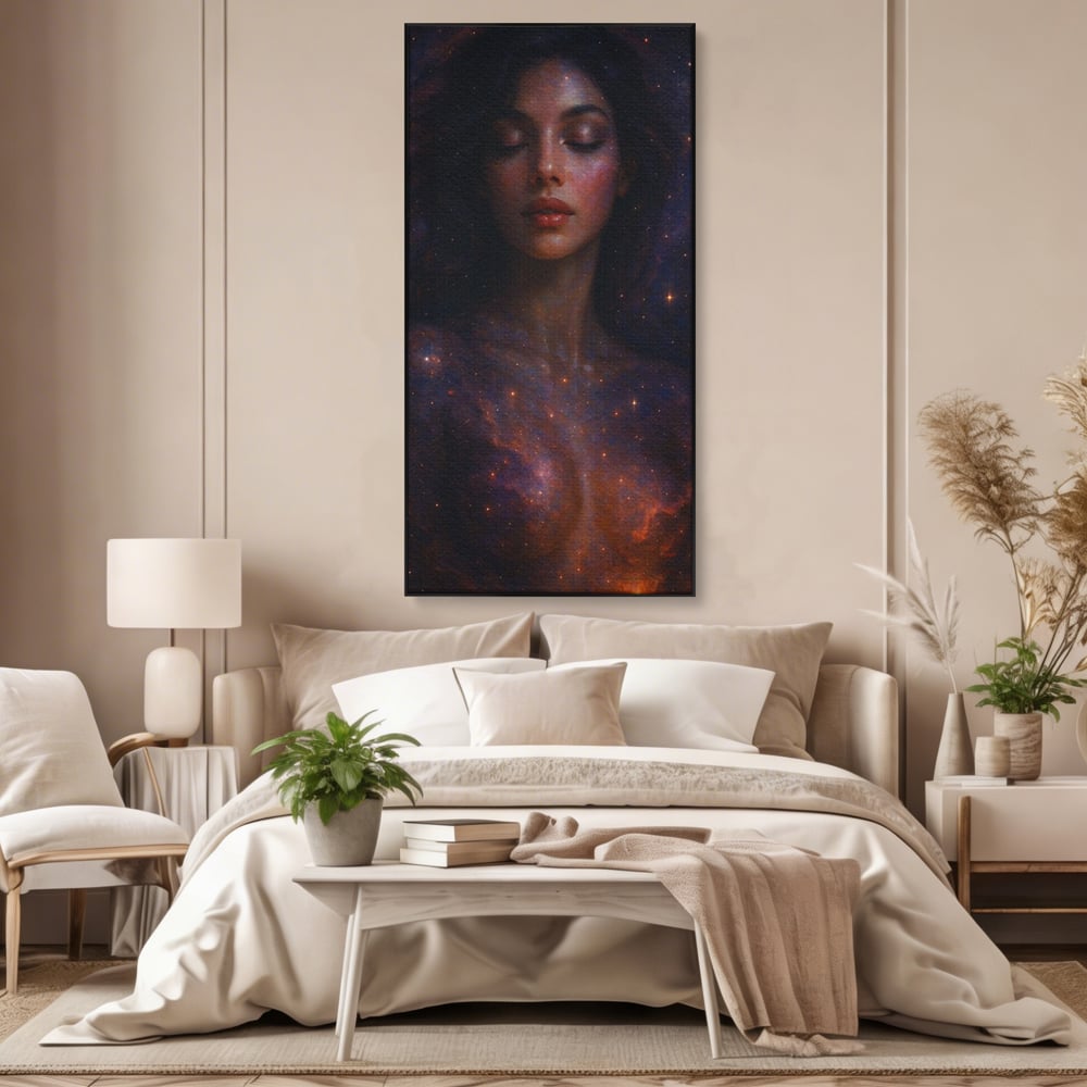 Leinwand Leinwand Wandkunst Premium, LuxCanva® P1043, In den Armen des Universums, Galaxie, Universum, Sterne, Glühen, Kosmisch, Stille, Geburt, Gelassenheit, Meditation, Frau, Ätherisch, Wohnen, Schlafzimmer