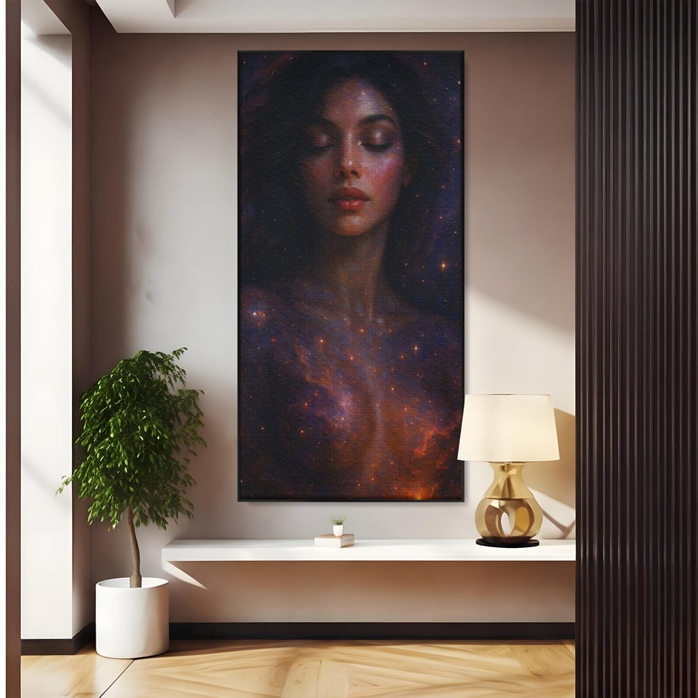 Leinwand Leinwand Wandkunst Premium, LuxCanva® P1043, In den Armen des Universums, Galaxie, Universum, Sterne, Glühen, Kosmisch, Stille, Geburt, Gelassenheit, Meditation, Frau, Ätherisch, Wohnen, Schlafzimmer