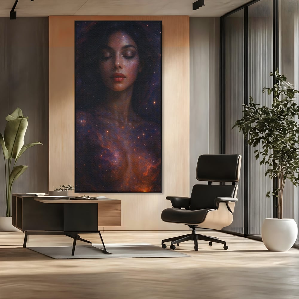 Leinwand Leinwand Wandkunst Premium, LuxCanva® P1043, In den Armen des Universums, Galaxie, Universum, Sterne, Glühen, Kosmisch, Stille, Geburt, Gelassenheit, Meditation, Frau, Ätherisch, Wohnen, Schlafzimmer