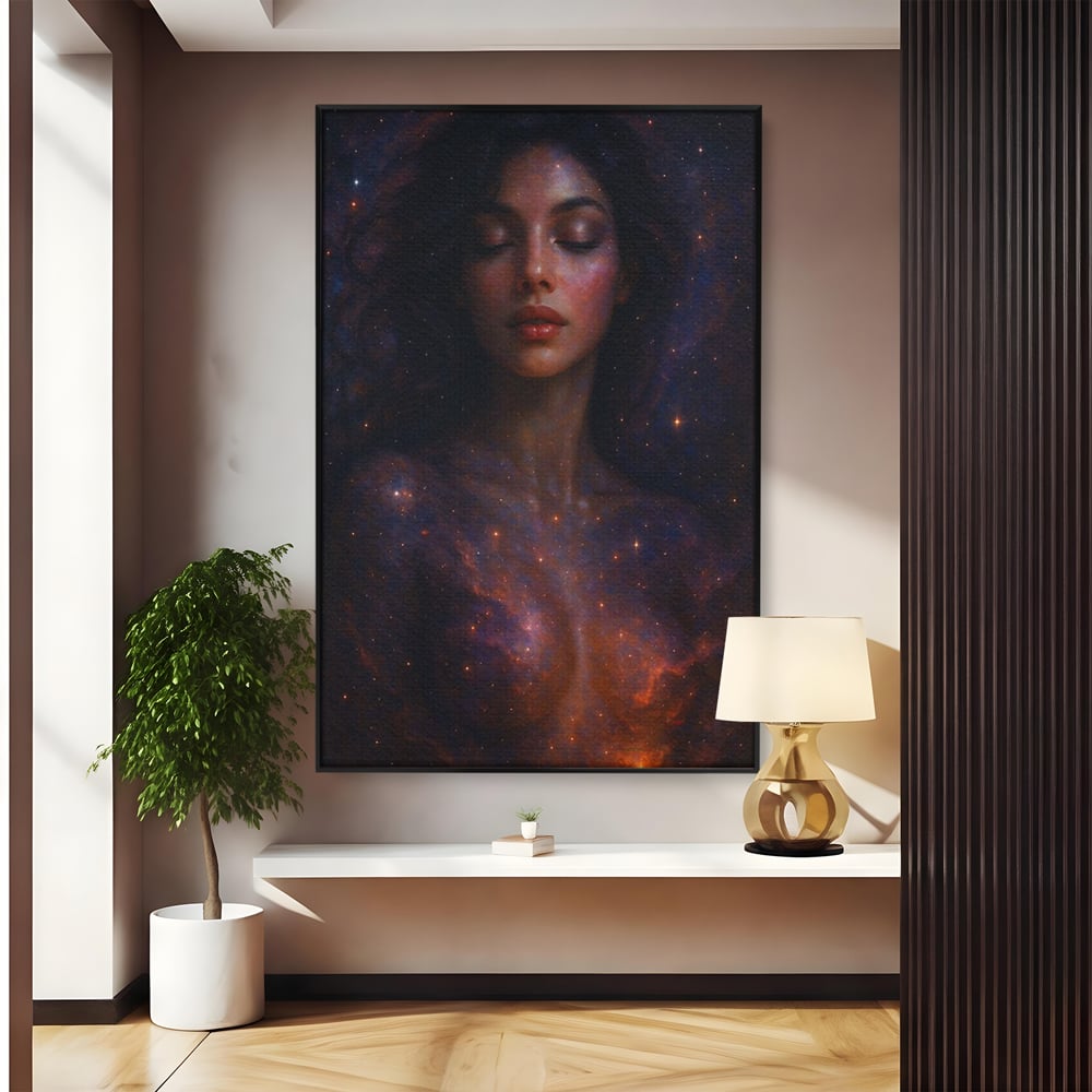 Leinwand Leinwand Wandkunst Premium, LuxCanva® P1043, In den Armen des Universums, Galaxie, Universum, Sterne, Glühen, Kosmisch, Stille, Geburt, Gelassenheit, Meditation, Frau, Ätherisch, Wohnen, Schlafzimmer
