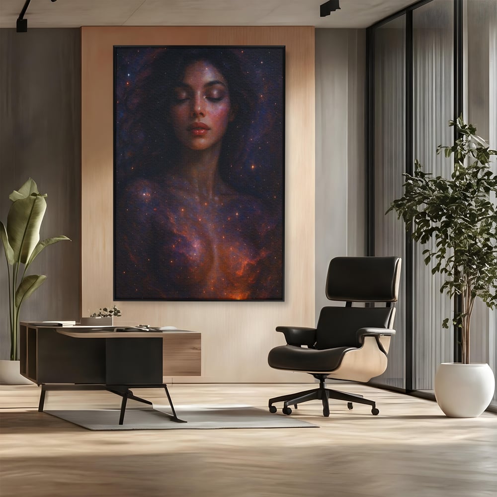 Leinwand Leinwand Wandkunst Premium, LuxCanva® P1043, In den Armen des Universums, Galaxie, Universum, Sterne, Glühen, Kosmisch, Stille, Geburt, Gelassenheit, Meditation, Frau, Ätherisch, Wohnen, Schlafzimmer