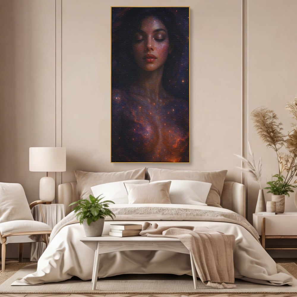 Leinwand Leinwand Wandkunst Premium, LuxCanva® P1043, In den Armen des Universums, Galaxie, Universum, Sterne, Glühen, Kosmisch, Stille, Geburt, Gelassenheit, Meditation, Frau, Ätherisch, Wohnen, Schlafzimmer