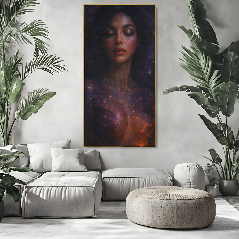 Leinwand Leinwand Wandkunst Premium, LuxCanva® P1043, In den Armen des Universums, Galaxie, Universum, Sterne, Glühen, Kosmisch, Stille, Geburt, Gelassenheit, Meditation, Frau, Ätherisch, Wohnen, Schlafzimmer