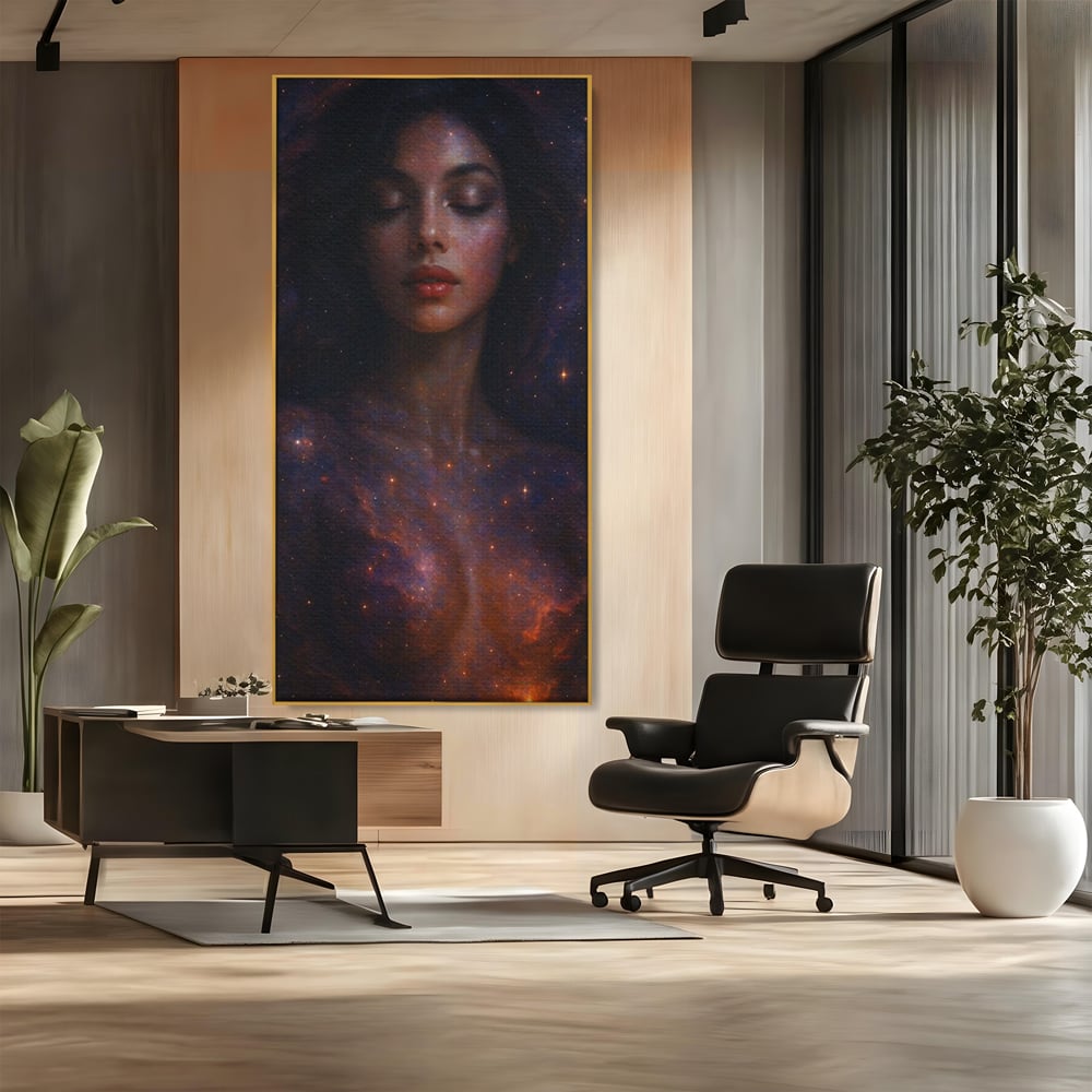 Leinwand Leinwand Wandkunst Premium, LuxCanva® P1043, In den Armen des Universums, Galaxie, Universum, Sterne, Glühen, Kosmisch, Stille, Geburt, Gelassenheit, Meditation, Frau, Ätherisch, Wohnen, Schlafzimmer