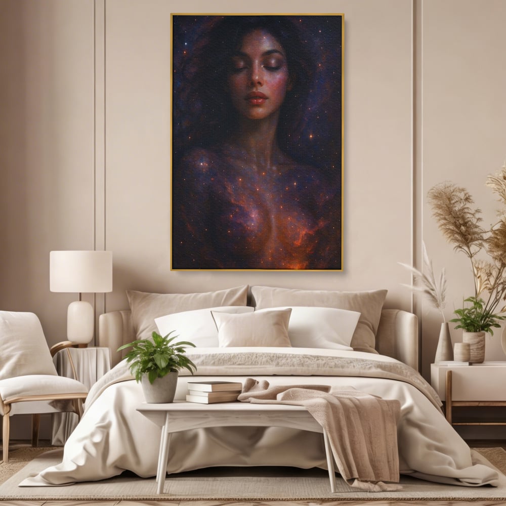 Leinwand Leinwand Wandkunst Premium, LuxCanva® P1043, In den Armen des Universums, Galaxie, Universum, Sterne, Glühen, Kosmisch, Stille, Geburt, Gelassenheit, Meditation, Frau, Ätherisch, Wohnen, Schlafzimmer
