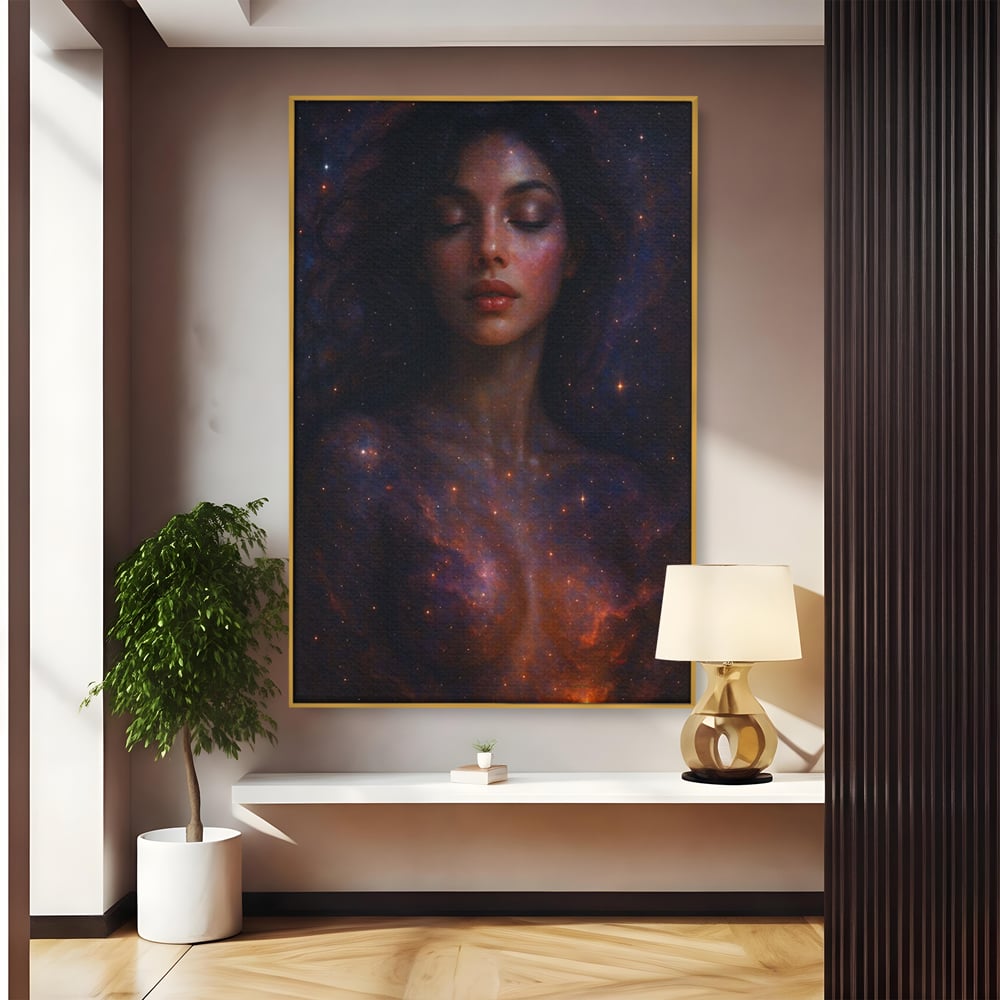 Leinwand Leinwand Wandkunst Premium, LuxCanva® P1043, In den Armen des Universums, Galaxie, Universum, Sterne, Glühen, Kosmisch, Stille, Geburt, Gelassenheit, Meditation, Frau, Ätherisch, Wohnen, Schlafzimmer