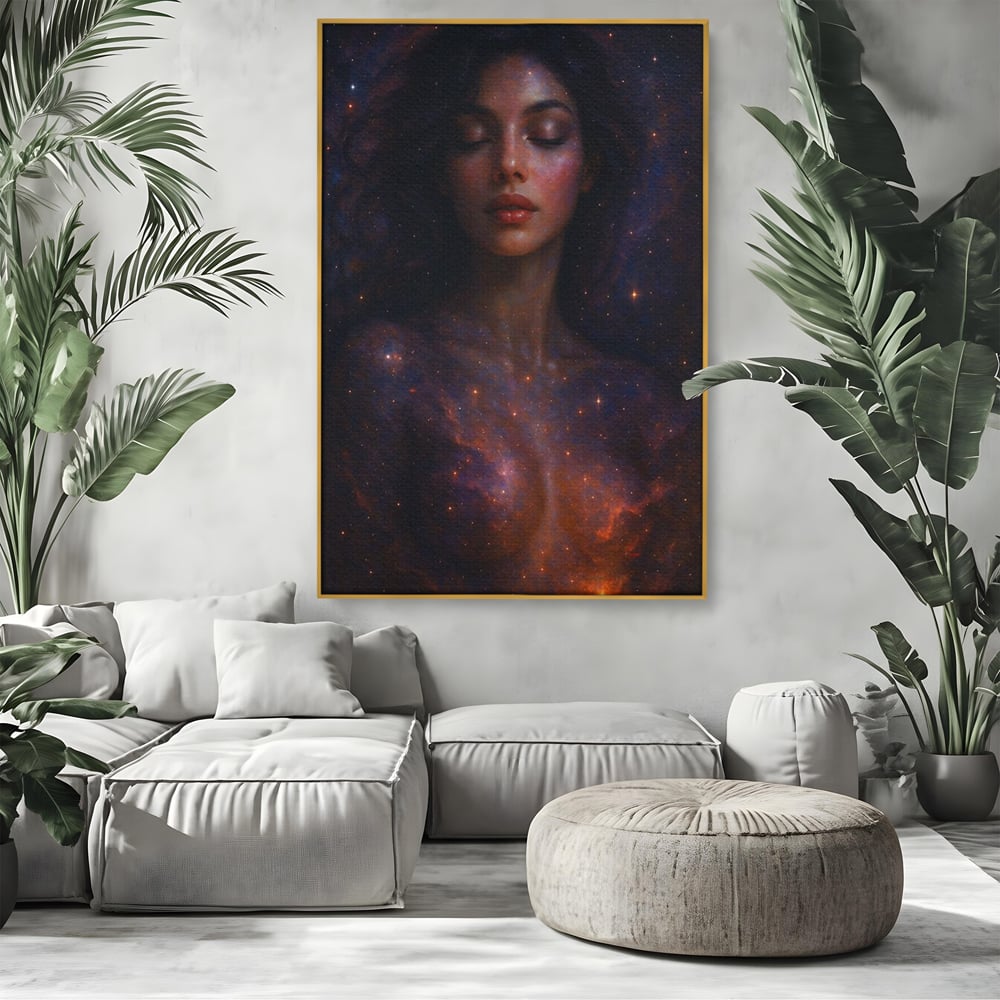 Leinwand Leinwand Wandkunst Premium, LuxCanva® P1043, In den Armen des Universums, Galaxie, Universum, Sterne, Glühen, Kosmisch, Stille, Geburt, Gelassenheit, Meditation, Frau, Ätherisch, Wohnen, Schlafzimmer