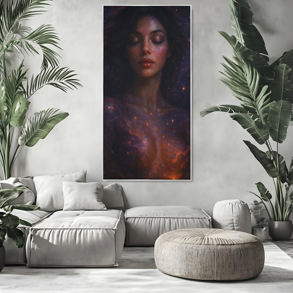 Leinwand Leinwand Wandkunst Premium, LuxCanva® P1043, In den Armen des Universums, Galaxie, Universum, Sterne, Glühen, Kosmisch, Stille, Geburt, Gelassenheit, Meditation, Frau, Ätherisch, Wohnen, Schlafzimmer
