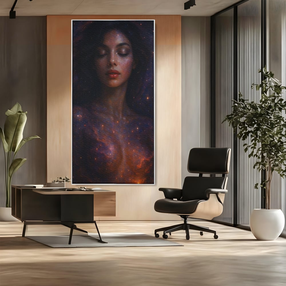 Leinwand Leinwand Wandkunst Premium, LuxCanva® P1043, In den Armen des Universums, Galaxie, Universum, Sterne, Glühen, Kosmisch, Stille, Geburt, Gelassenheit, Meditation, Frau, Ätherisch, Wohnen, Schlafzimmer