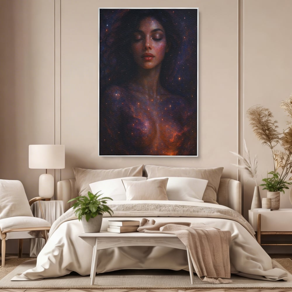 Leinwand Leinwand Wandkunst Premium, LuxCanva® P1043, In den Armen des Universums, Galaxie, Universum, Sterne, Glühen, Kosmisch, Stille, Geburt, Gelassenheit, Meditation, Frau, Ätherisch, Wohnen, Schlafzimmer