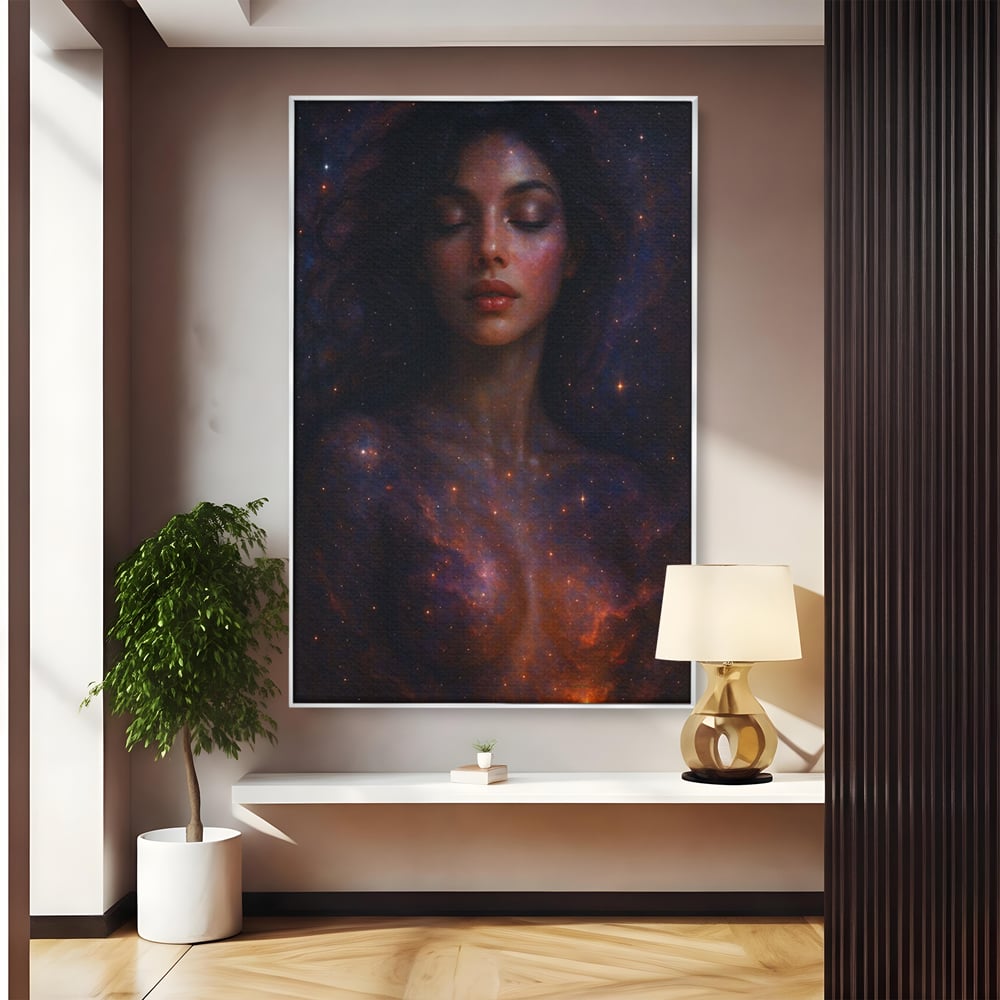 Leinwand Leinwand Wandkunst Premium, LuxCanva® P1043, In den Armen des Universums, Galaxie, Universum, Sterne, Glühen, Kosmisch, Stille, Geburt, Gelassenheit, Meditation, Frau, Ätherisch, Wohnen, Schlafzimmer
