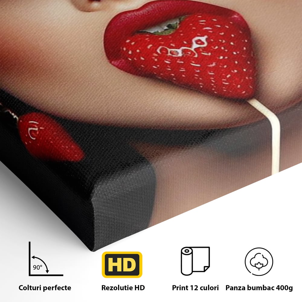 Tablou Canvas Premium, LuxCanva® P1044, Sarutul Capsunii, Sarut, Tentatie, Rosie, Buze, Fruct, Capsuna, Aroma, Gust, Seductie, Glam, Provocator, Senzualitate, Living, Dormitor