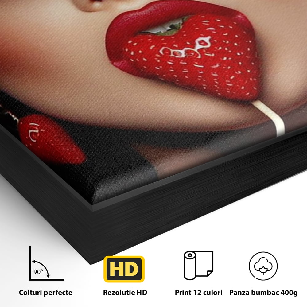 Tablou Canvas Premium, LuxCanva® P1044, Sarutul Capsunii, Sarut, Tentatie, Rosie, Buze, Fruct, Capsuna, Aroma, Gust, Seductie, Glam, Provocator, Senzualitate, Living, Dormitor