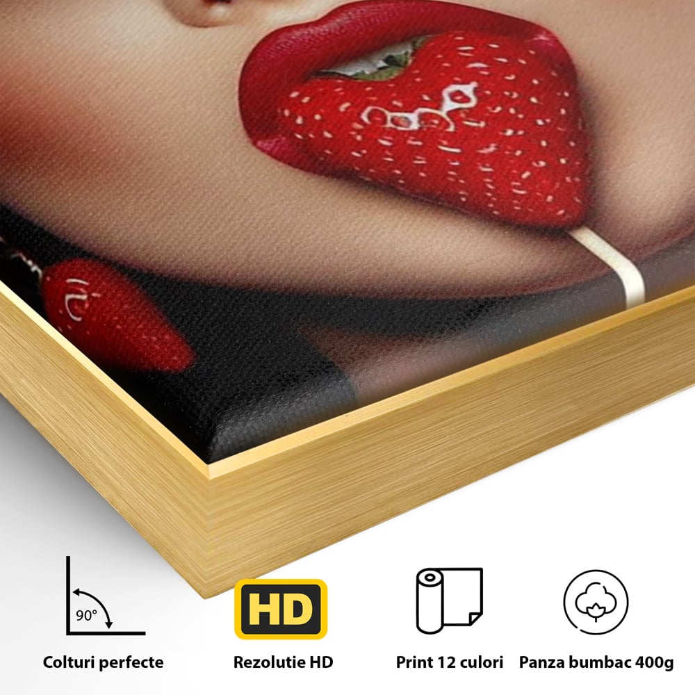 Tablou Canvas Premium, LuxCanva® P1044, Sarutul Capsunii, Sarut, Tentatie, Rosie, Buze, Fruct, Capsuna, Aroma, Gust, Seductie, Glam, Provocator, Senzualitate, Living, Dormitor
